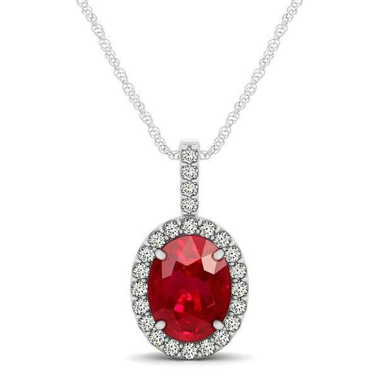 Pendant Necklace With Chain 4.50 Ct. Ruby And Diamonds White Gold 14K