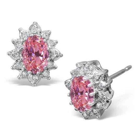 Pink Sapphire And Diamond Halo Stud Earring 4.0 Carat White Gold 14K