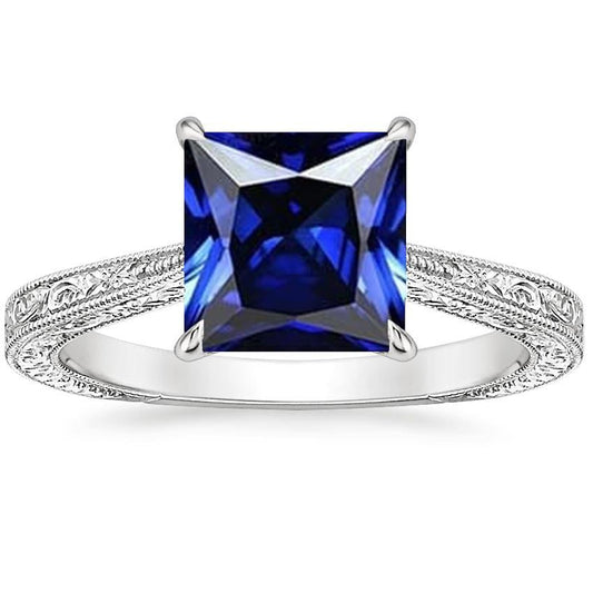 Princess Solitaire Ring Vintage Style Blue Sapphire 5 Carat White Gold