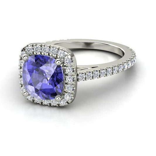 Prong Set 4.50 Ct Blue Tanzanite With Diamonds Ring White Gold 14K