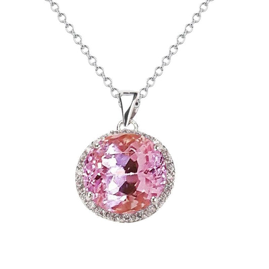 Round 36.25 Carats Pink Kunzite With Diamonds Pendant White Gold 14K
