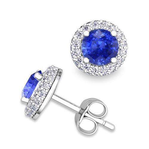 Round Brilliant Cut 4 Ct Ceylon Sapphire And Diamonds Studs Halo