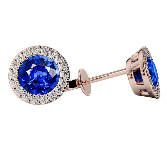 Round Cut 5.90 Carats Sapphire With Diamonds Women Studs Halo 14K Wg