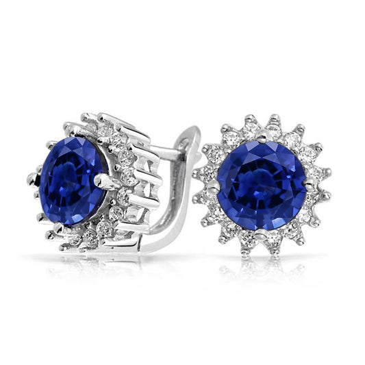Round Cut Ceylon Sapphire And Diamond Stud Gold Earring 4.36 Carats