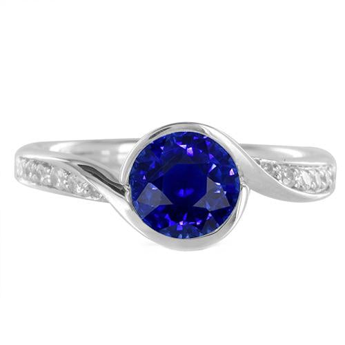 Round Diamond & Blue Sapphire Ring 2.50 Carats Bypass Style Gold Shank