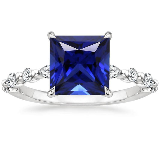 Round & Pear Diamonds Ring With Princess Cut Blue Sapphire 5.25 Carats