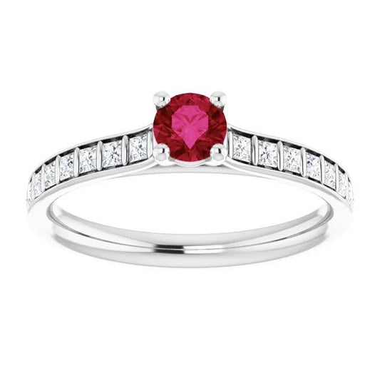 Round Ruby and Princess Diamond Ring 2 Carats White Gold 14K