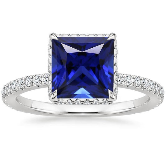 Solitaire Accent Ring Blue Sapphire and Diamond 6 Carat White Gold