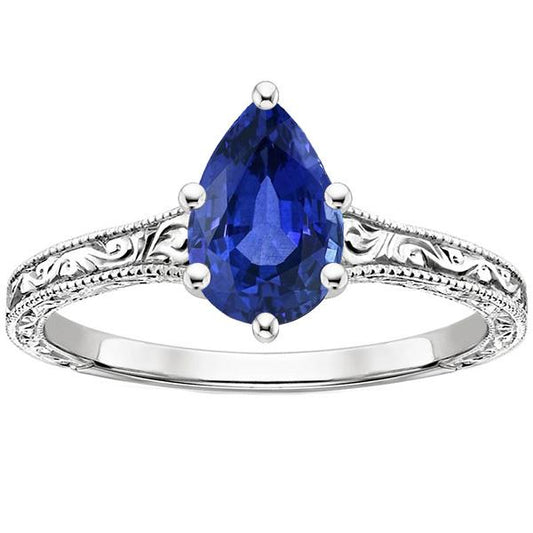 Solitaire Blue Sapphire Ring Pear Cut 4 Carats Antique Style