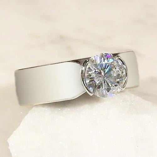 Solitaire Diamond Ring Half Bezel Setting 1.50 Carats Men's White Gold