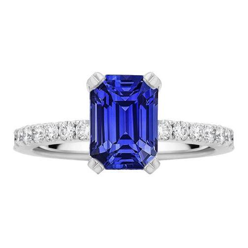 Solitaire Emerald Blue Sapphire Ring & Pave Set Diamonds 3.50 Carats