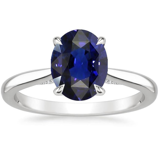 Solitaire Oval Cut Blue Sapphire Ring 2 Carats White Gold 14K