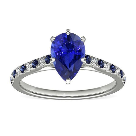 Solitaire Pear Cut Ring With Blue Sapphire & Diamond Accents 2.50 Carats