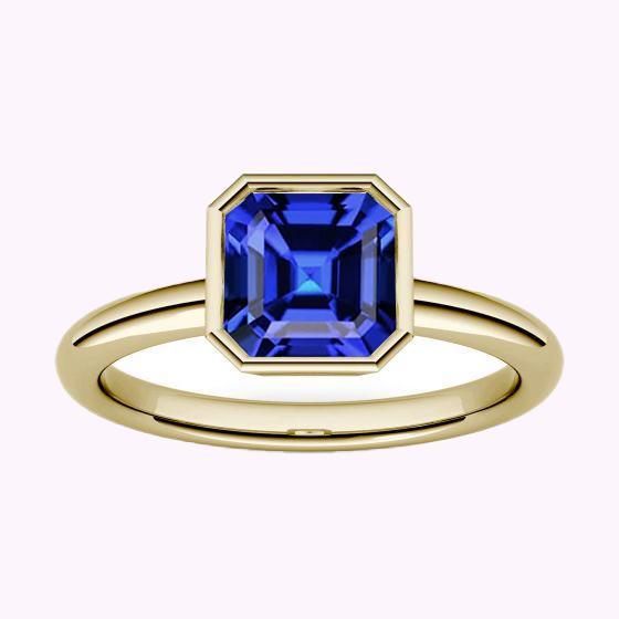 Solitaire Ring 1.50 Carats Bezel Set Asscher Sapphire Yellow Gold 14K