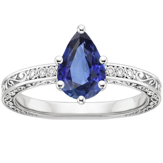 Solitaire Ring Pear Blue Sapphire With Diamond Filigree Shank 4 Carats