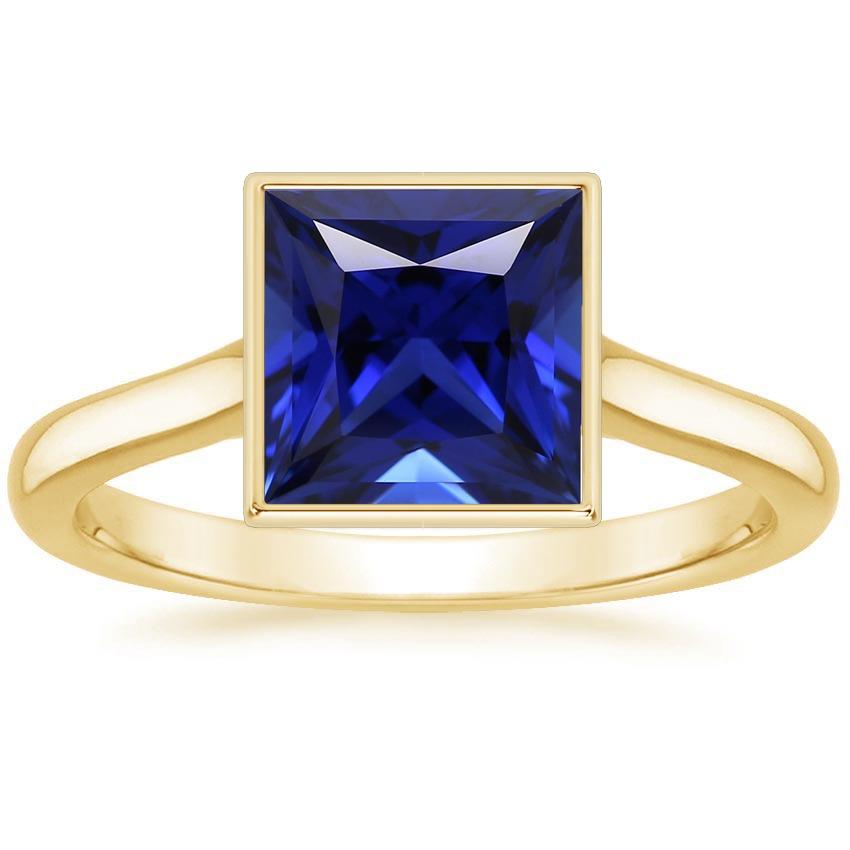 Solitaire Ring Princess Bezel Set Blue Sapphire 5 Carats Yellow Gold