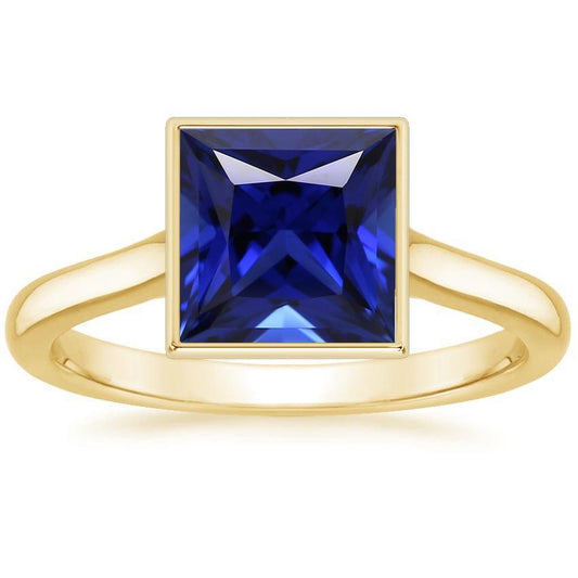 Solitaire Ring Princess Bezel Set Blue Sapphire 5 Carats Yellow Gold