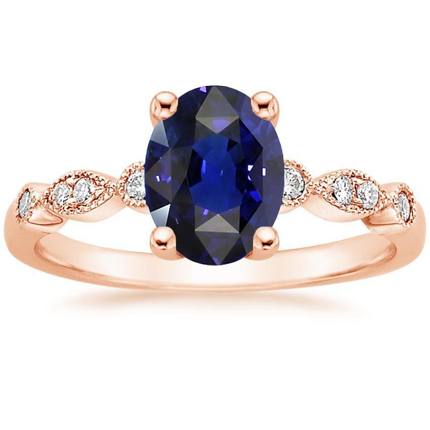 Solitaire Ring Vintage Style & Diamond Accents Blue Sapphire 4 Carats