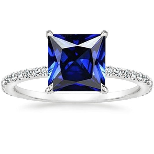 Solitaire Ring With Accents Princess Cut Ceylon Sapphire New 6 Carats