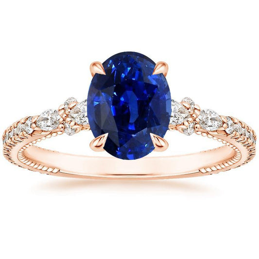 Solitaire Ring With Pear Diamond Accents Oval Ceylon Sapphire 4 Carats