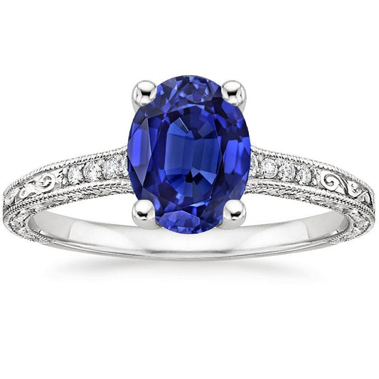 Solitaire With Accents Blue Sapphire Ring Milgrain Shank 3 Carats