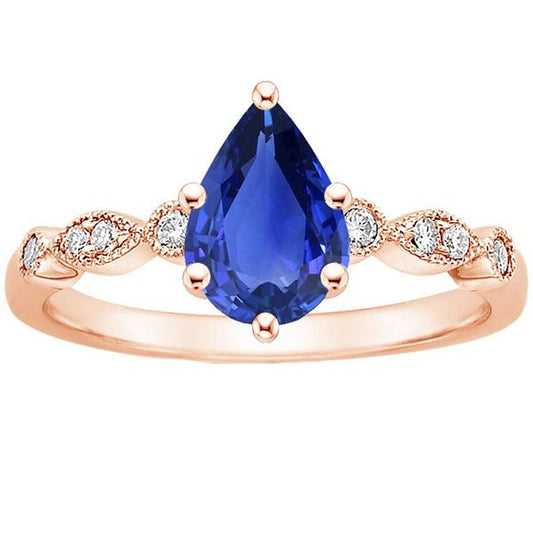Solitaire With Accents Ring Pear Blue Sapphire & Diamonds 3.50 Carats