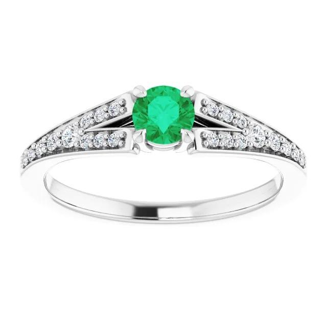 Split Shank Round Green Emerald Ring 1.75 Carats White Gold 14K
