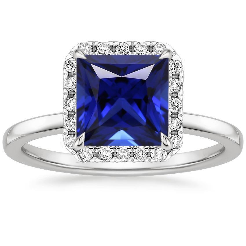 Square Shaped Halo Diamond Ring With Ceylon Blue Sapphire 5.50 Carats