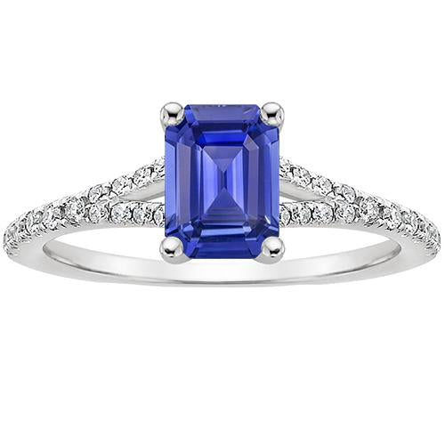 Sri Lankan Sapphire & Diamond 4 Carats Emerald Solitaire Accents Ring