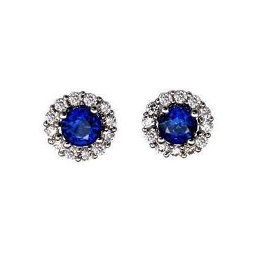 Studs Halo Earrings Ceylon Sapphire Diamonds 3.10 Ct. White Gold 14K