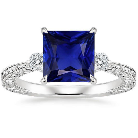 Three Stone Gemstone Ring Princess Blue Sapphire & Diamond 5.25 Carats