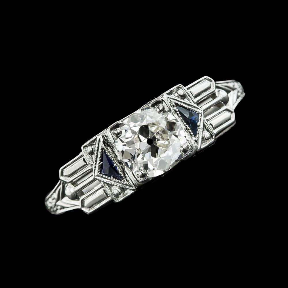 Three Stone Old Miner Round Diamond & Trillion Sapphire Ring 2 Carats