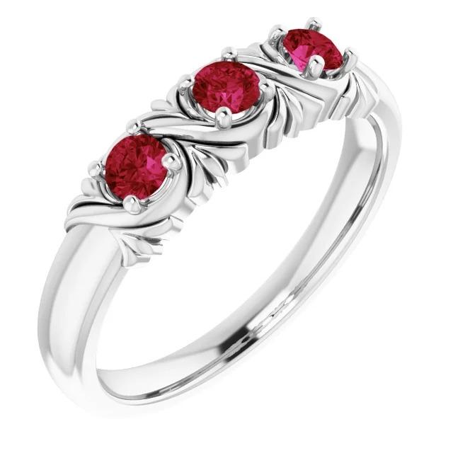 Three-Stone Ring 0.60 Carats Antique Style Ruby Women Jewelry