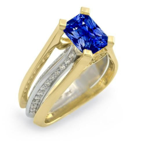 Two Tone Gold Diamond Ring Radiant Ceylon Sapphire 3 Carat Split Shank