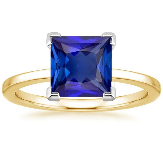 Two Tone Solitaire Gemstone Ring Princess Cut Ceylon Sapphire 5 Carats