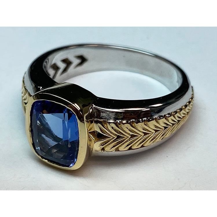 Two Tone Solitaire Tanzanite Ring Cushion Bezel Set 5.50 Carats