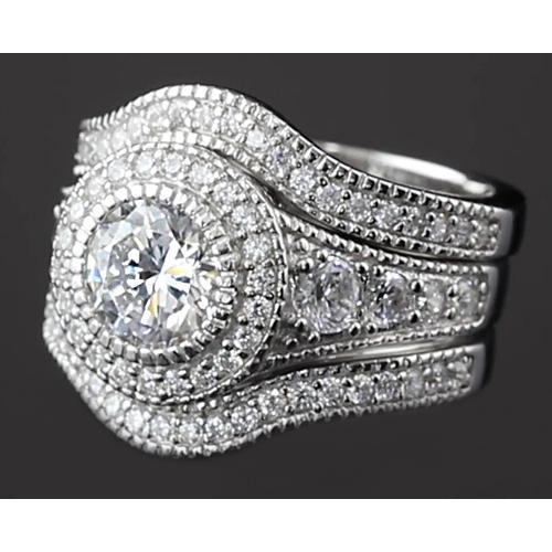 Vintage Anniversary Ring Set 4 Carats Round Diamond White Gold 14K