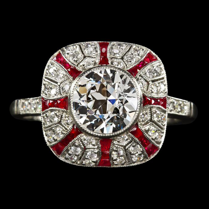 Vintage Style Halo Ring Old Cut Diamond Bezel Set & Rubies 5 Carats