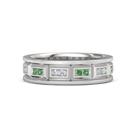 Vintage Type Band Diamonds Green Emerald 3.60 Carats White Gold 14K
