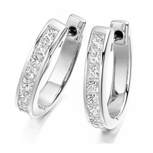 White Gold 14K 4 Carats Channel Set Princess Cut Diamond Hoop Earring