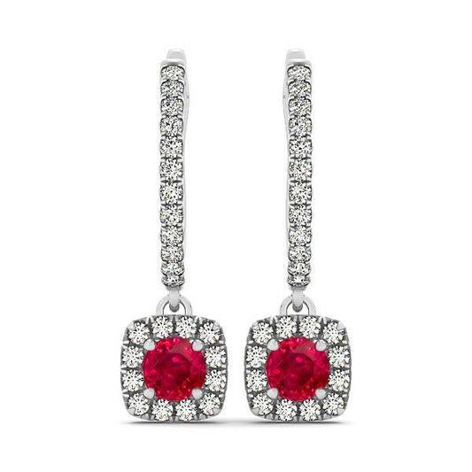 White Gold 14K 7 Ct Round Ruby With Diamonds Dangle Earrings