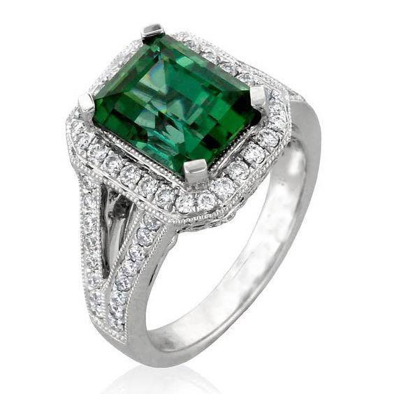 White Gold 14K 9 Ct Green Tourmaline And Diamonds Ring New