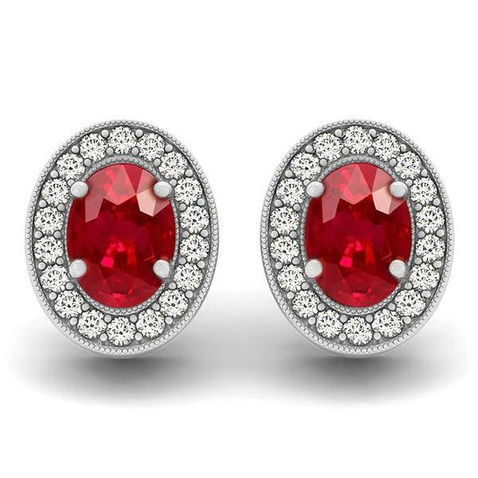 White Gold 14K Red Ruby And Diamonds 5 Carats Lady Studs Earrings