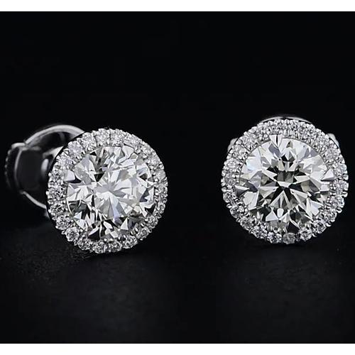 White Gold 14K Round Diamond Stud Earring 2.08 Carats Halo Style