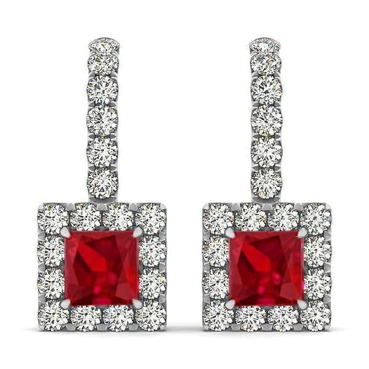 White Gold 14K Women Dangle Earrings 7 Ct Ruby With Diamonds