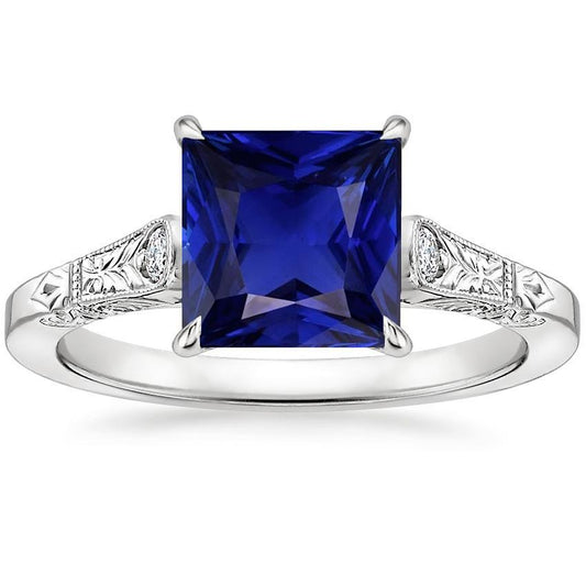 White Gold 3 Stone Diamond & Princess Blue Sapphire Ring 5.25 Carats