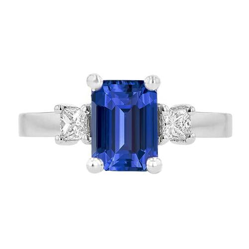 White Gold 3 Stone Ring Blue Sapphire & Princess Diamonds 2.50 Carats