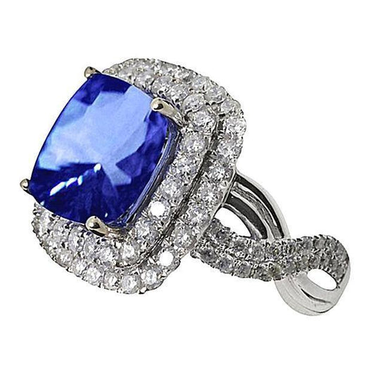 White Gold 4.50 Carats Cushion Ceylon Sapphire Diamond Gemstone Ring