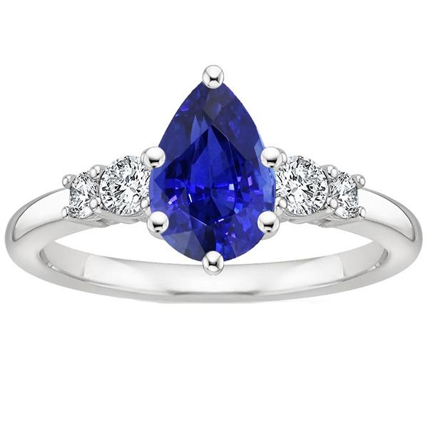 White Gold 5 Stone Ring Round Diamond & Pear Blue Sapphire 3.25 Carats