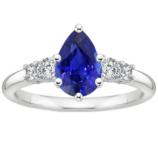 White Gold 5 Stone Ring Round Diamond & Pear Blue Sapphire 3.25 Carats